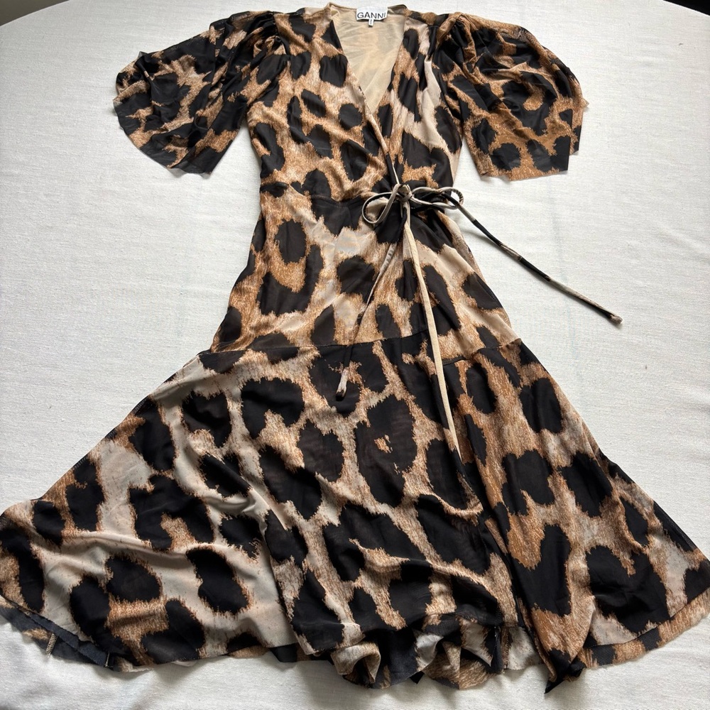 Ganni Leopard Print Mesh Wrap Midi Dress Brown Black Size 32 / 0